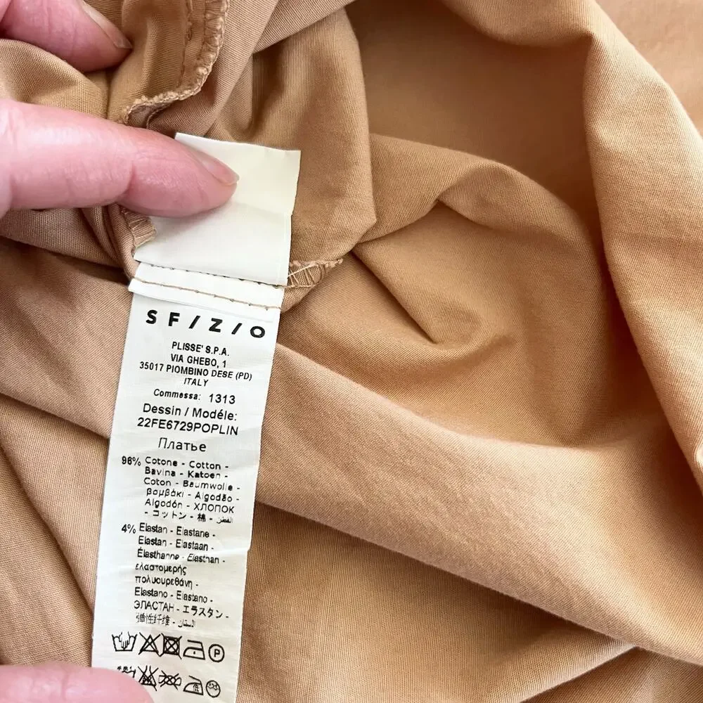 Sfizio Tan Embroidered Poplin Puff Short Sleeve A-Line Midi Shirt Dress Size 4